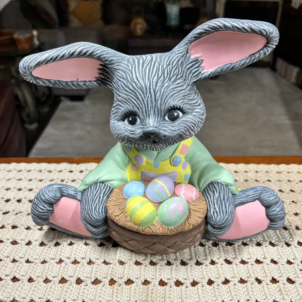 Vintage 1993 Hand Painted Ceramic Easter Bunny Figurine with Egg Basket 93 TCS